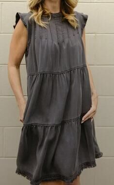 Anthropologie Jenee Tiered Ruffled Tunic Shirt Dress Chambray Gray